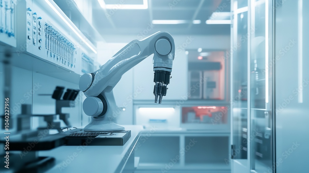 Poster A robot performing automated temperature control in a modern climate control lab with clean, organized control stations and advanced temperature regulation systems, Temperature control tech style