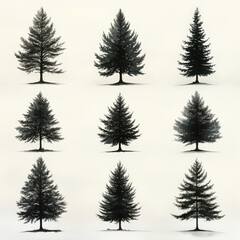 Obraz premium A set of black and gray tree silhouettes on a white background