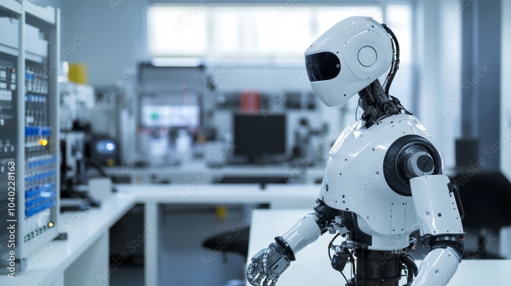Poster A robot performing automated temperature control in a modern climate control lab with clean, organized control stations and advanced temperature regulation systems, Temperature control tech style