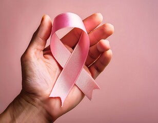 Hand holding pink cancer awareness ribbon with copy space, wallpaper, symbolizing support and hope, background