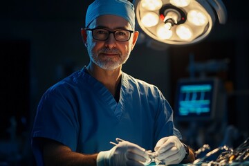 An experienced surgeon wearing glasses and scrubs is confidently holding surgical instruments under bright operating room lights, ready for a medical procedure.