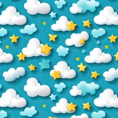 Playful Vector Pattern of Cartoonish Clouds and Stars