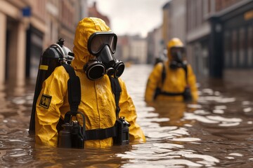 Obraz premium Rescue workers in yellow suits navigating through a flooded urban area.