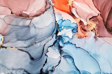 Fototapeta premium Soft waves of translucent color meet shimmering gold accents in abstract art, fluid shapes create a dynamic landscape. The liquid ink technique create depth and movement, both spontaneous and refined