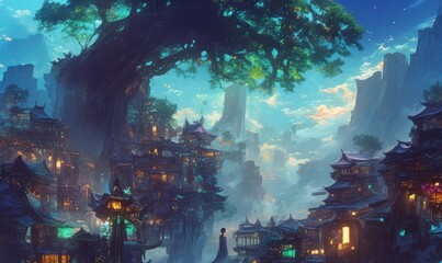 Obraz premium Mystical Village Under Starry Sky and Giant Tree