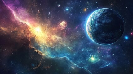Naklejka premium Vibrant cosmic scene with nebula and a planet.