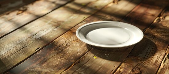 A plate rests on a wooden table with an empty setting providing clear copy space image
