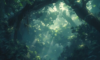 Fototapeta premium Sunlight Filtering Through Lush Forest Canopy