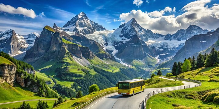 Scenic Journey on Postbus from Grindelwald to M&auml;nnlichen with Wetterhorn and Schreckhorn in the Backdrop, Bernese
