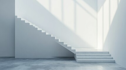 Obraz premium Minimalist white staircase with clean lines and an empty wall for text or branding