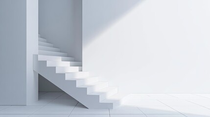Obraz premium Minimalist white staircase with clean lines and an empty wall for text or branding