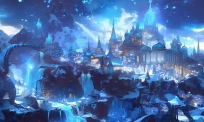 Magical Winter Castle Amidst Snowy Mountains at Night