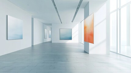 Fototapeta premium Modern art gallery with abstract paintings on the walls, offering space for text or branding