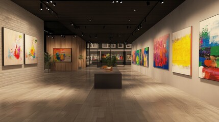 Modern art gallery with abstract paintings on the walls, offering space for text or branding
