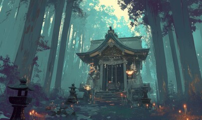 Fototapeta premium Mystical Forest Shrine at Dawn