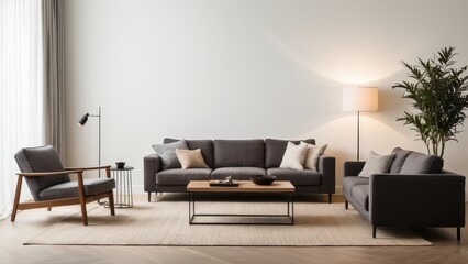 A minimalist living room with a beige sofa, blue and gray pillows, a cozy armchair, coffee table, potted plant, elegant floor lamp, and neutral accents.