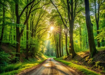Fototapeta premium Scenic Panoramic View of a Dirty Road Surrounded by Lush Trees in a Serene Forest Landscape