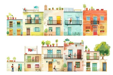 A row of buildings with greenery on their balconies, ideal for urban or cityscape themes