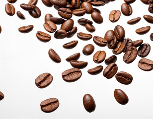 Obraz premium Coffee beans falling in the air isolated on a white background. Coffee beans flying.