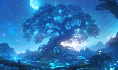 Majestic Moonlit Tree in Enchanted Night Landscape