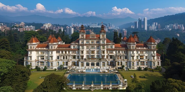 A magnificent view of an opulent, historical mansion amidst lush greenery with a stunning cityscape and mountains in the background providing a picturesque contrast