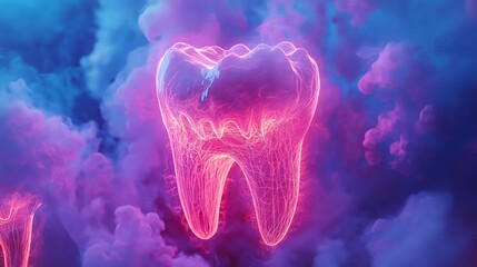 Glowing tooth with electric lines in abstract clouds