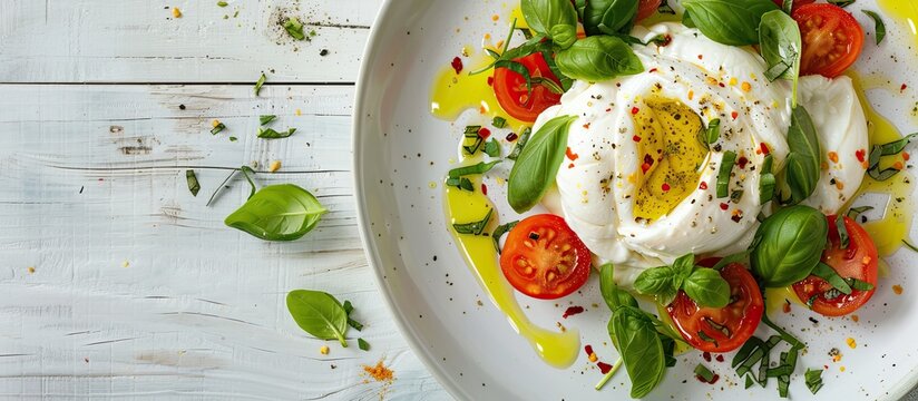Fresh burrata salad displayed on a white wooden table photographed up close with ample copy space image