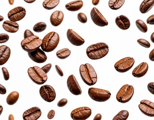 Coffee beans falling in the air isolated on a white background. Coffee beans flying.