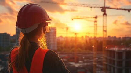 A woman wears a hard hat and safety vest on a construction site