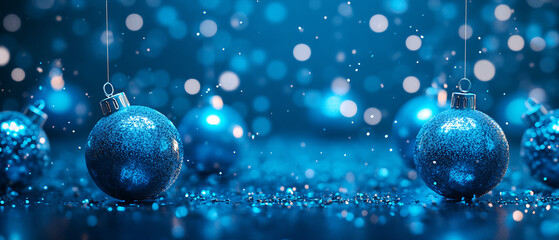 Sparkling Blue Christmas Ornaments with Festive Bokeh Background