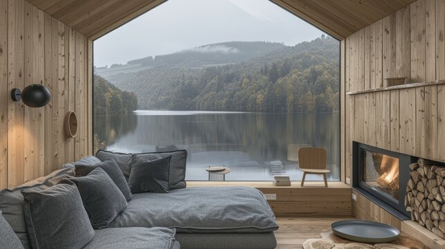 Fototapeta A cozy wooden cabin with a large window offers a serene view of a tranquil lake surrounded by lush green forested hills under a cloudy sky
