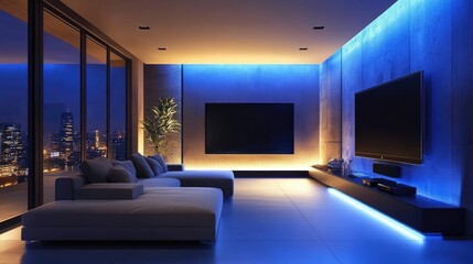 Modern living room with a large flat-screen TV and sleek furniture, leaving space for your message