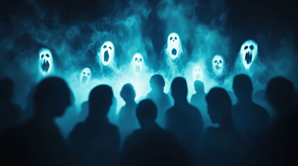 Crowd of people with negative emotions with shadowy ghost behind each of them 