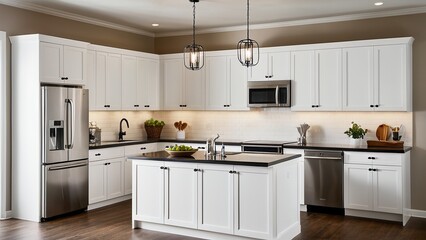 Fototapeta premium Sleek modern kitchen with white cabinets, wooden countertops, and a stainless steel range hood. Bright light through the window enhances the minimalist design.