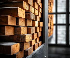 A close-up view of stacked wooden blocks showcasing rich textures and warm tones, with a modern architectural backdrop.