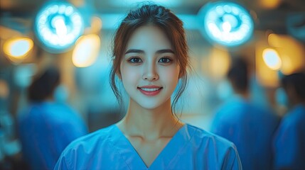 Obraz premium Smiling woman in surgical scrubs with blurred background in operating room