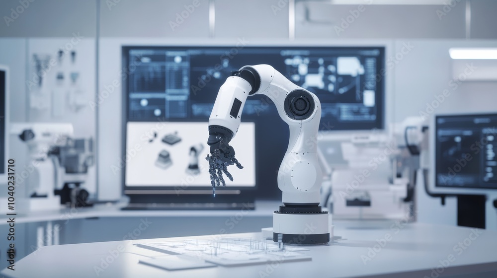 Fototapete A robot performing complex 3D modeling in a cutting-edge design studio with advanced CAD systems and large displays, clean and creative environment, Design-tech style