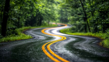 Fototapeta premium A winding road stretches through a lush, green landscape, glistening with rainwater, inviting exploration amid nature's tranquility.