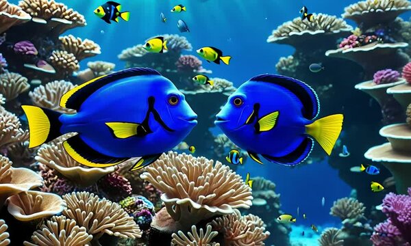 A vibrant blue fish swims amongst colorful coral reefs in a tropical underwater scene.