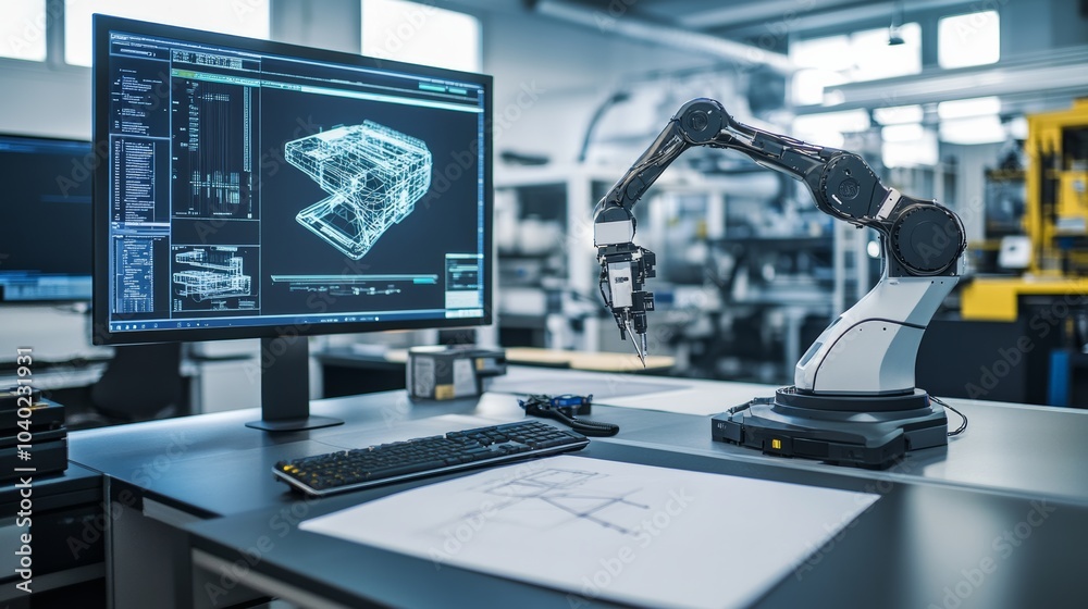 Poster A robot performing complex 3D modeling in a cutting-edge design studio with advanced CAD systems and large displays, clean and creative environment, Design-tech style