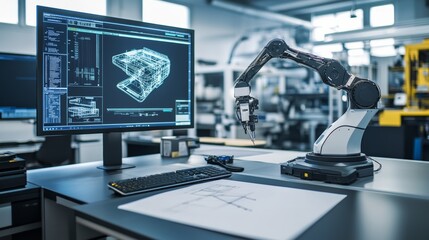 A robot performing complex 3D modeling in a cutting-edge design studio with advanced CAD systems and large displays, clean and creative environment, Design-tech style