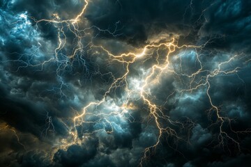 Violent streaks of lightning electrify the stormy clouds, highlighting their shape and texture vividly against the brooding dark sky in an epic dramatic scene.