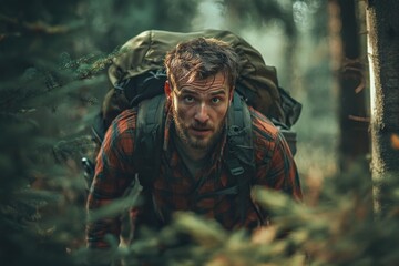 Obraz premium A person hiking through dense foliage carrying a backpack, suitable for outdoor adventure or travel use