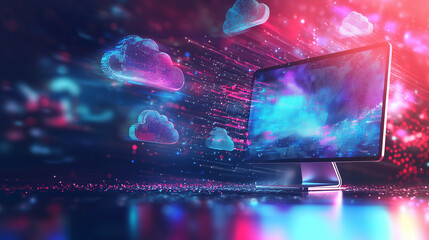 Abstract Data Streams and Floating Cloud Symbols in Neon PC Monitor
