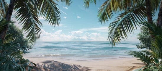 Sandy beach with palm trees framing a peaceful seascape creating a serene tropical copy space image