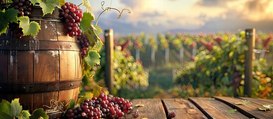 Rustic wine barrel adorned with grape vines in a scenic countryside vineyard Ideal for displaying food drinks or products with available copy space image