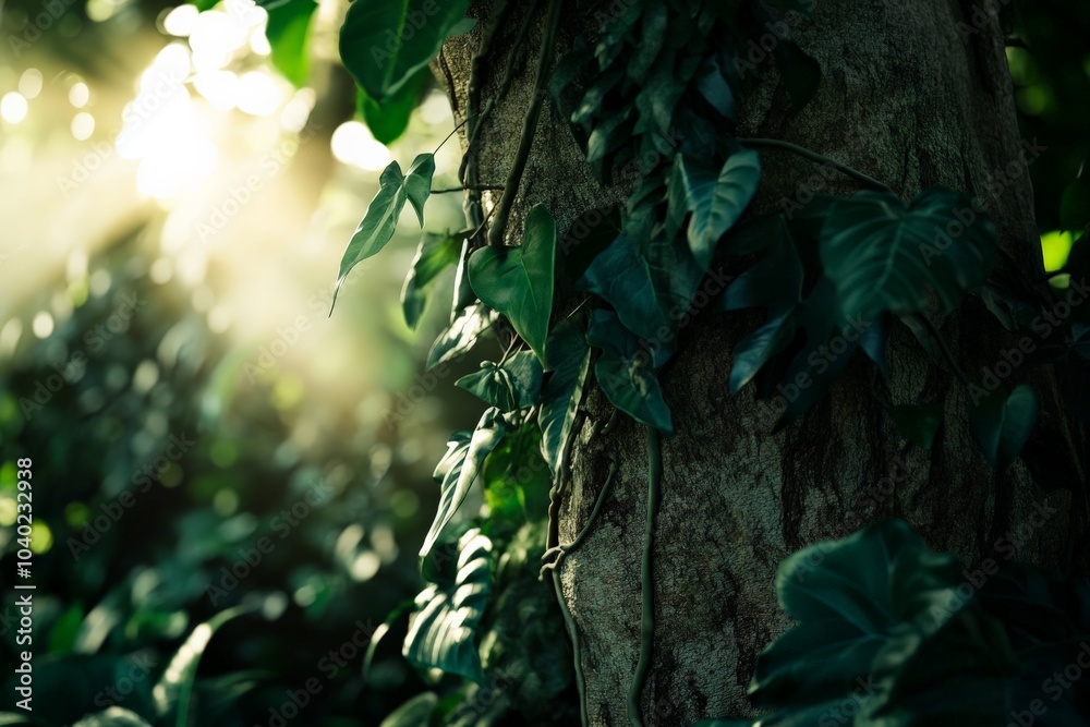 Poster Sun rays penetrate through dense foliage, casting a serene glow on the forest floor and illuminating the textured leaves growing on the tree trunks, creating an ethereal scene.