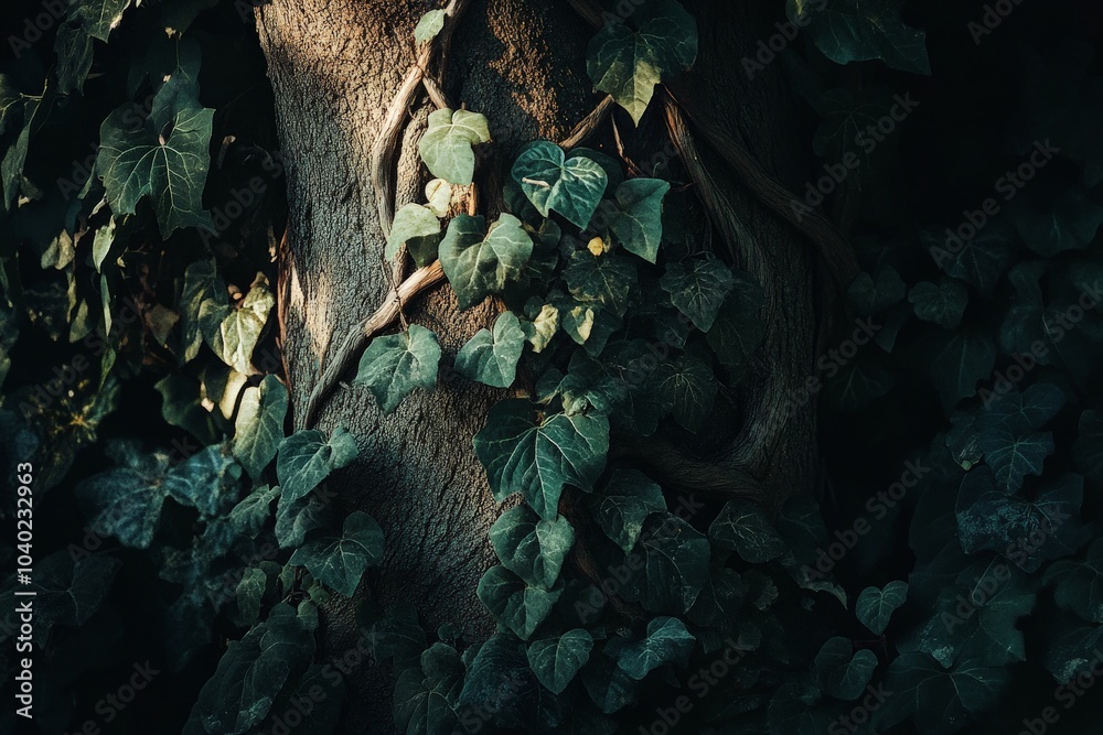 Poster Dense ivy leaves create a natural tapestry over the textured bark of an old tree, intertwining and creating a lush, vibrant green pattern in the soft light.
