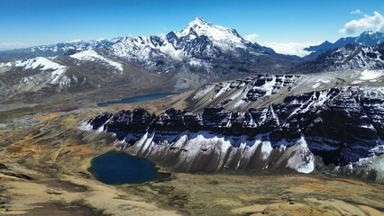 Aerial shot of mountains around Chacaltaya mountain and Huayna Potosi mountain, in Bolivia