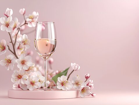 A delicate glass of rosé wine rests beside blooming pink flowers, creating a serene and elegant atmosphere.